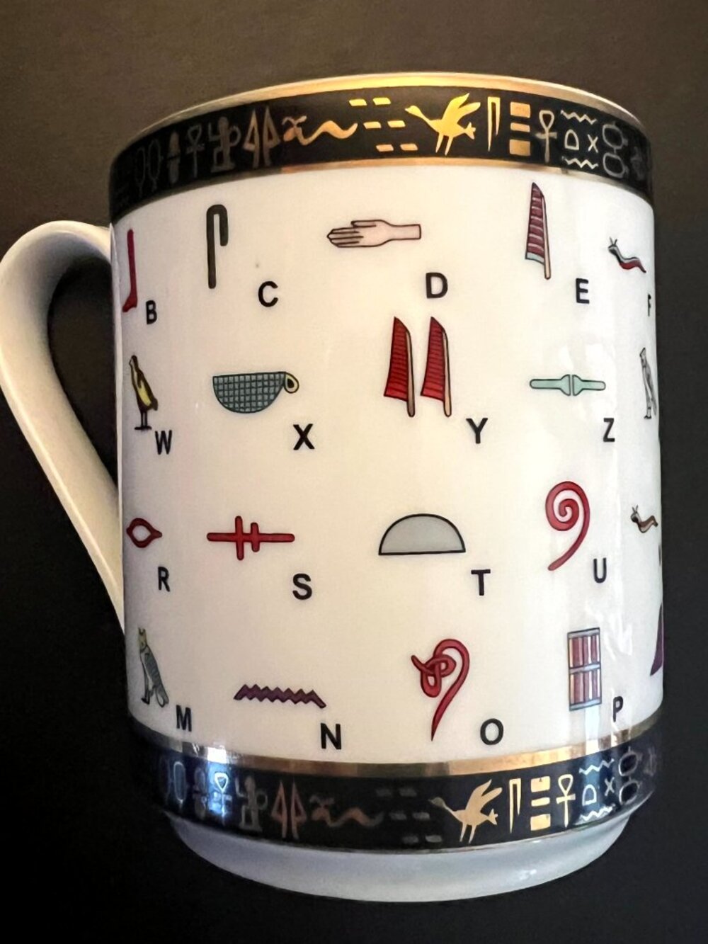VTG Fathi Mahmoud Egyptian Hieroglyph Porcelain Mug Gold Trim Coffee Cup 10oz